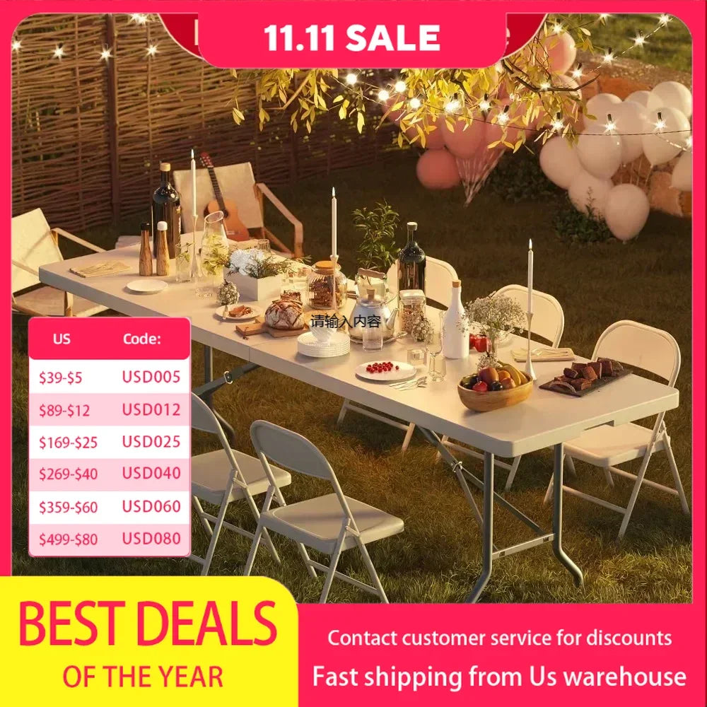 8ft foldable/foldable table with metal stand and durable and portable for meals, picnics