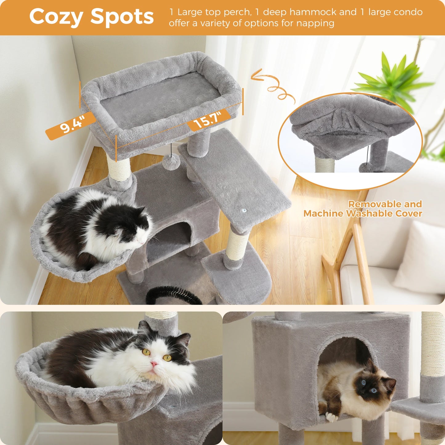 Cat Tower condo for Indoor Cats with Padded Plush Perch Cozy Hammock and Sisal Scratching Posts