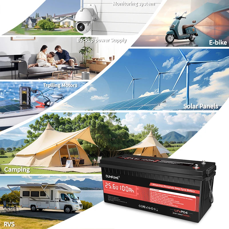 Dumfume 25.6V 100Ah Lifepo4 Lithium Battery 2560w/With 100A BMS 12.8V 100/300/600Ah 38.V 100Ah