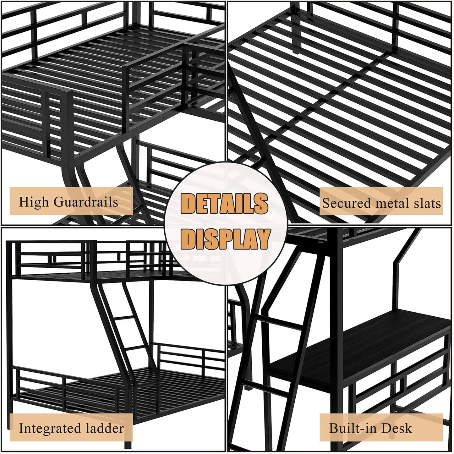 Metal L-Shaped Bunk Bed, Twin Over Full Bunk Bed/Twin Loft Bed,Triple Bunk Bed with Desk