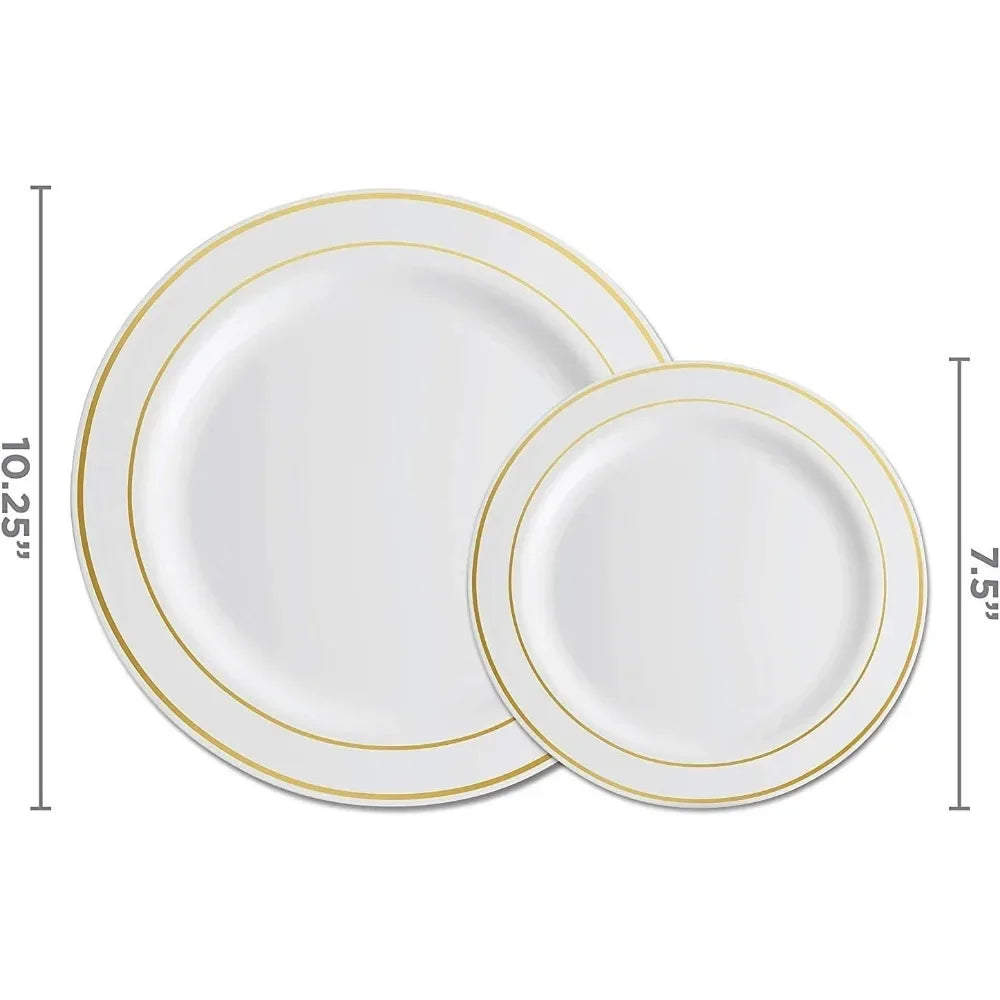 700 Piece Golds Dinnerware Set - 200 Gold Rim Plates - 300 Golds Silverware - 100 Gold Plastic Cups