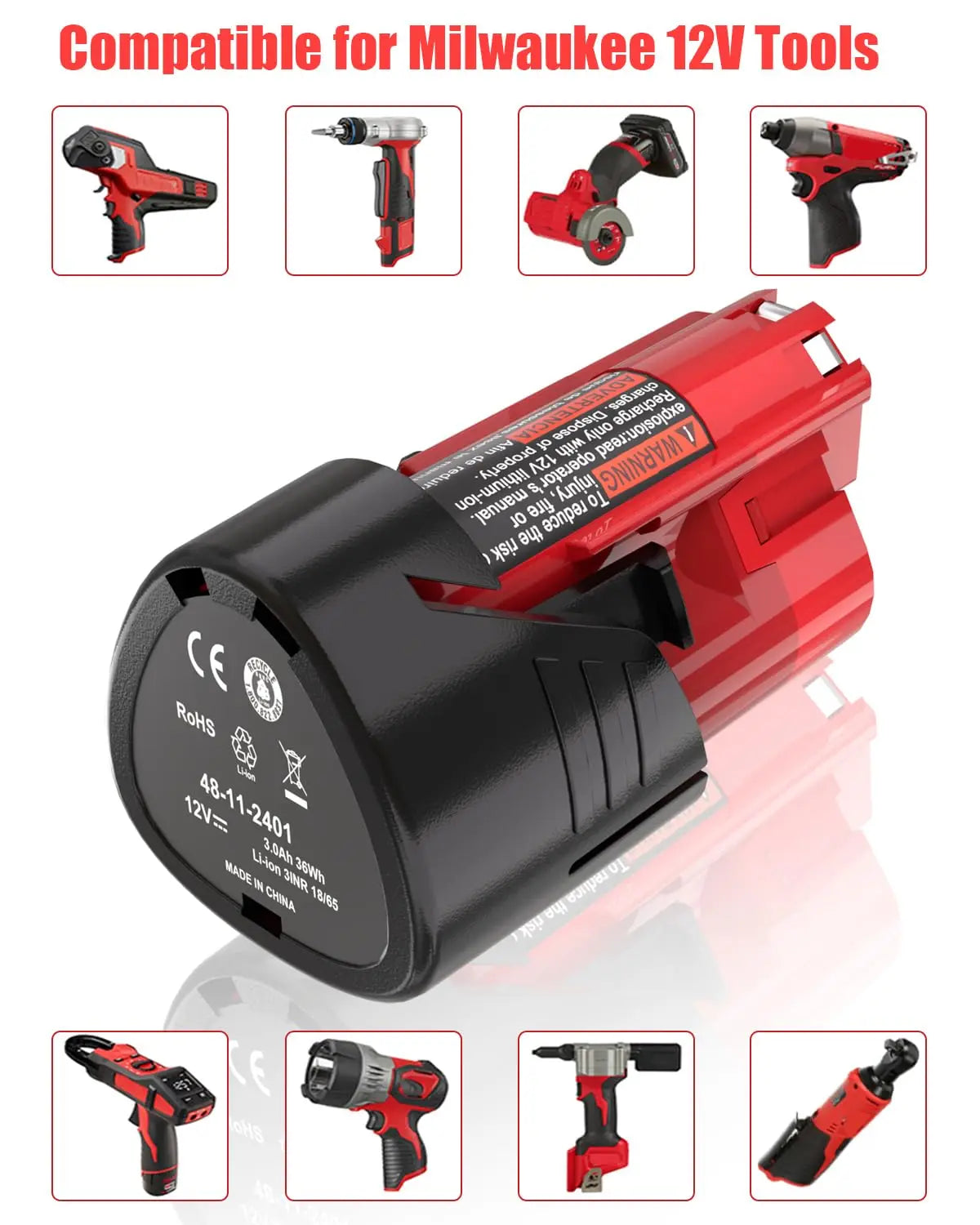 12V Milwaukee Battery 3/6.5/9Ah/Milwaukee M12 XC 48-11-2410 48-11-2420 48-11-2411 Compatible