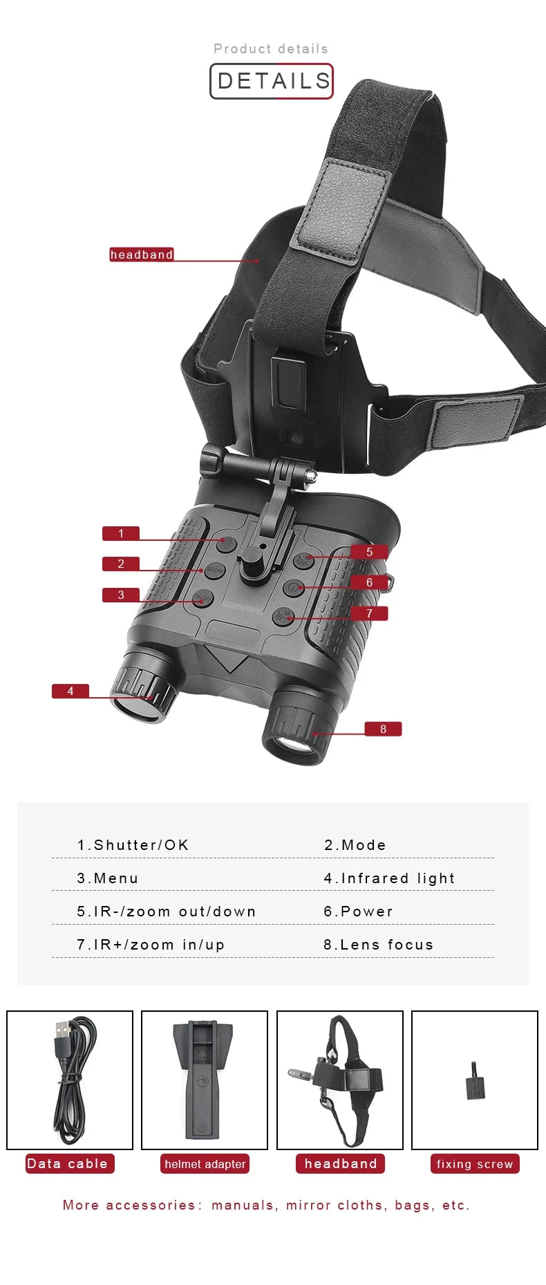 NV8160 Night Vision Binoculars for Adults, Head Mounted Tactical Helmet Night Vision Goggles 8X Zoom