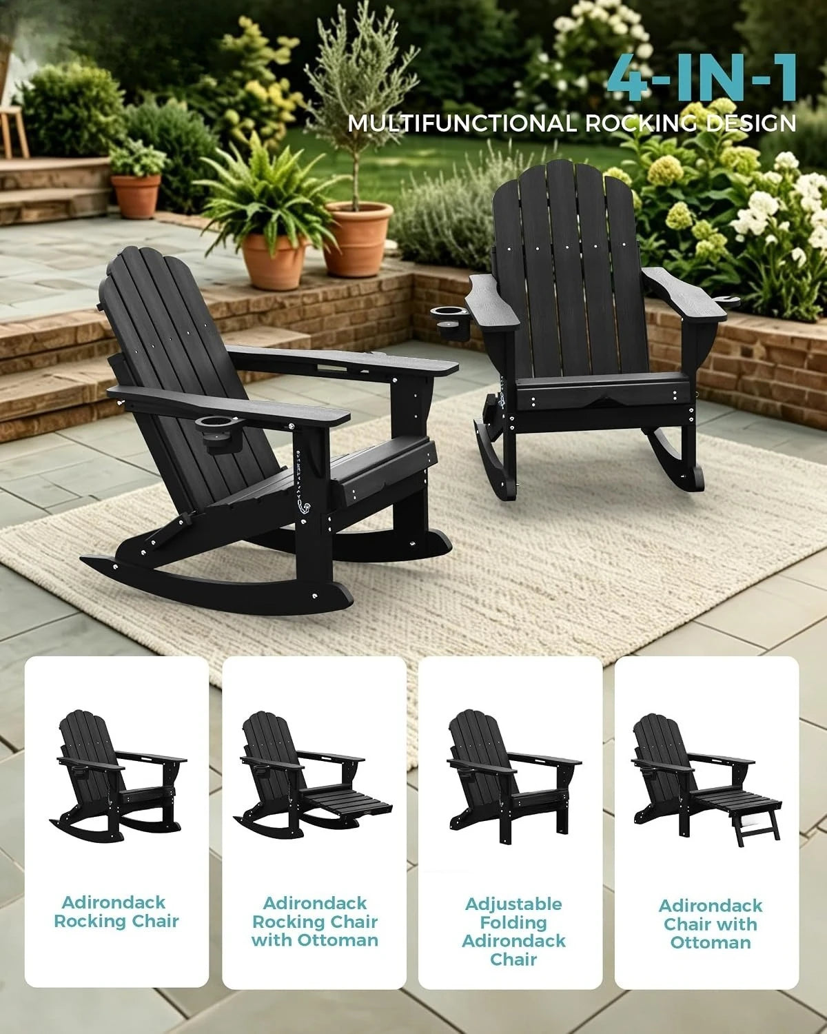 All Weather HDPE Adirondack Rocking Chairs Set Of 2, Foldable Patio Rockers /Retractable Ottoman