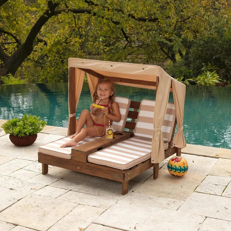 KidKraft Wooden Outdoor Double Chaise Lounge with Cup Holders, Patio Furniture for Kids or Pets