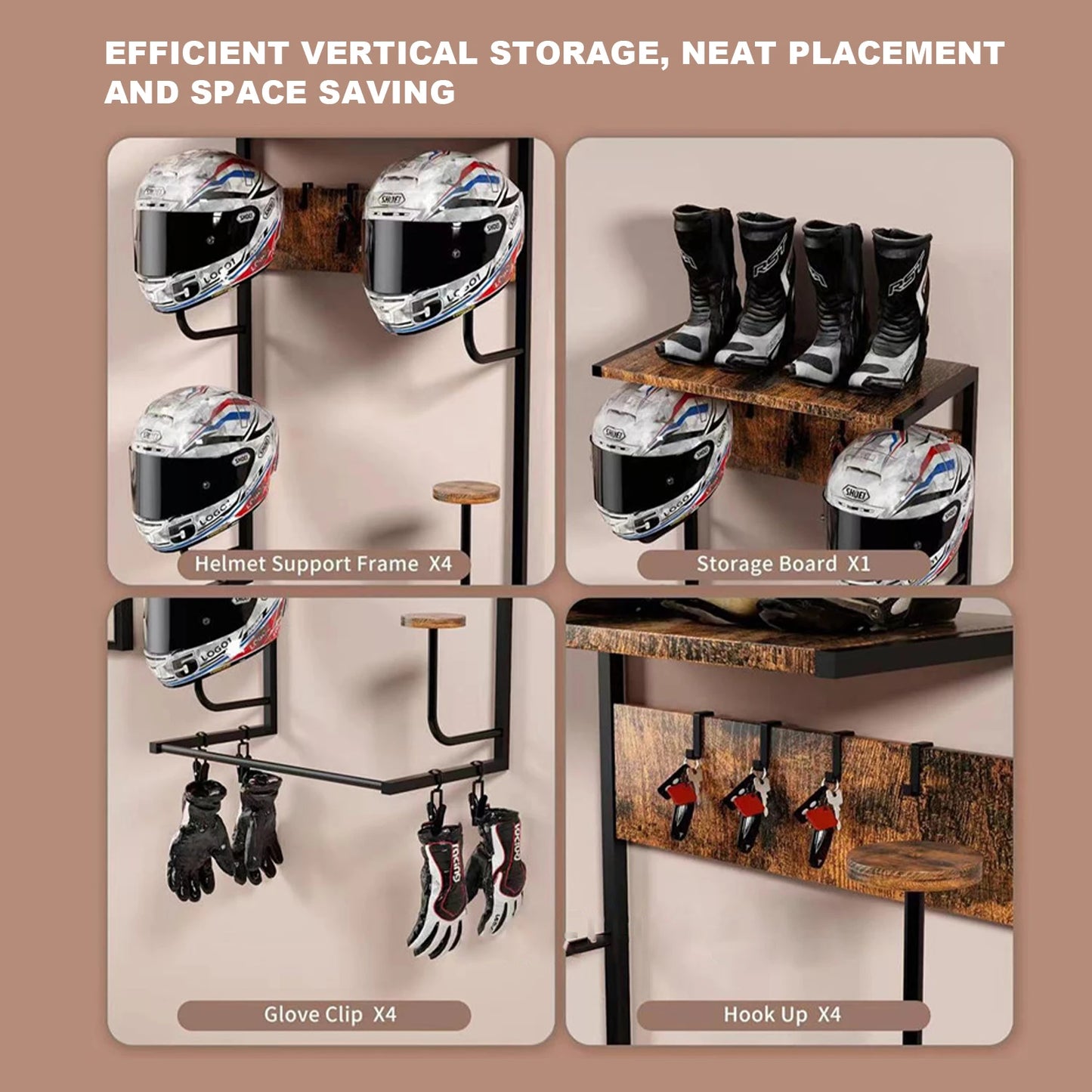 Motorcycle Helmet Holder, Wall-Mounted Rack W/4 Glove Chips & Hooks, Bike Helmets Storage Organizer