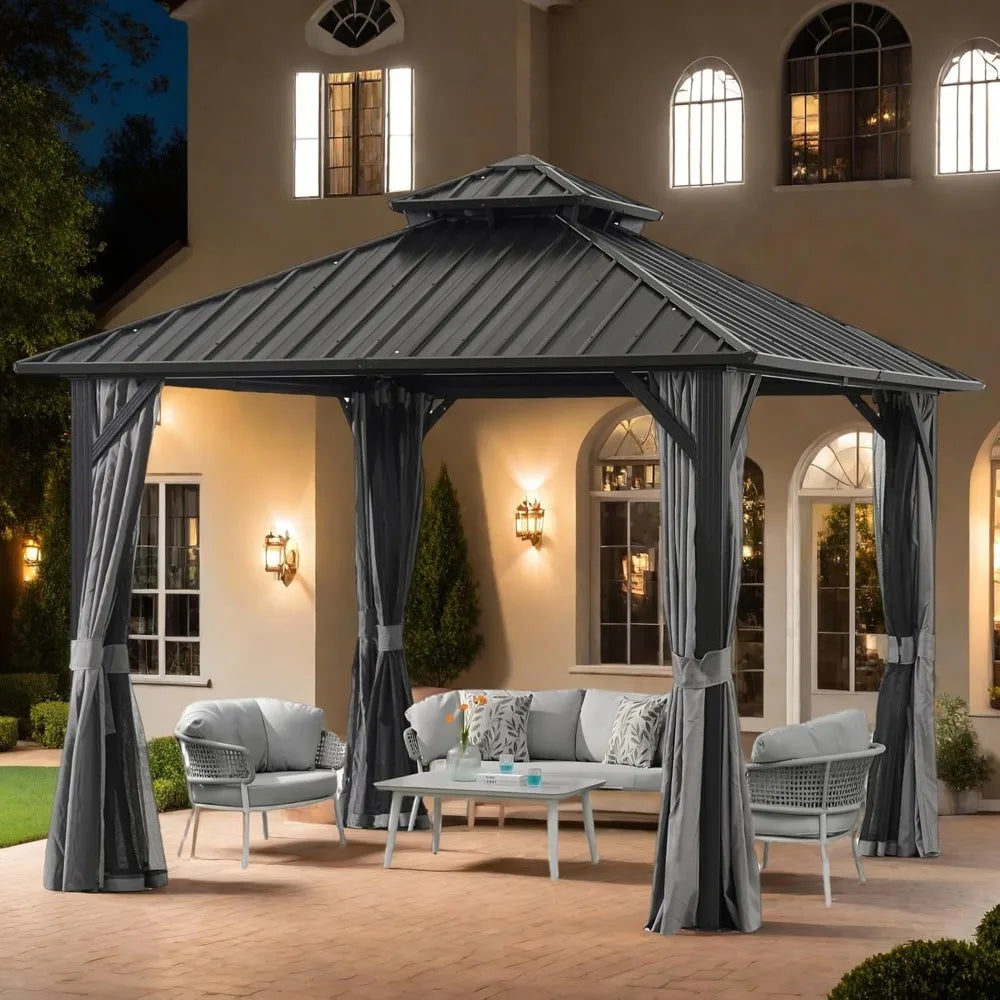 12x12FT Outdoor Hardtop Gazebo w/Double Roof, Mosquito Netting & Curtains - Heavy Duty Steel Frame