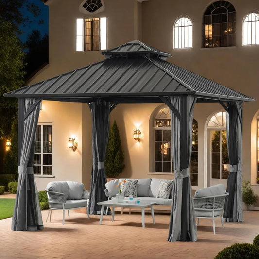 12x12FT Outdoor Hardtop Gazebo w/Double Roof, Mosquito Netting & Curtains - Heavy Duty Steel Frame