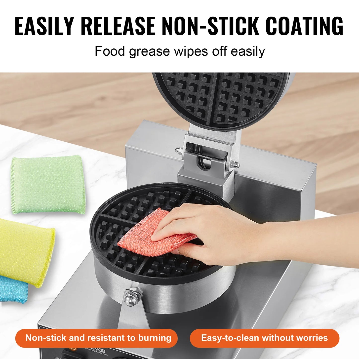 VEVOR Commercial Waffle 1230W Round Belgian Waffle Baker Non-Stick Stainless Steel