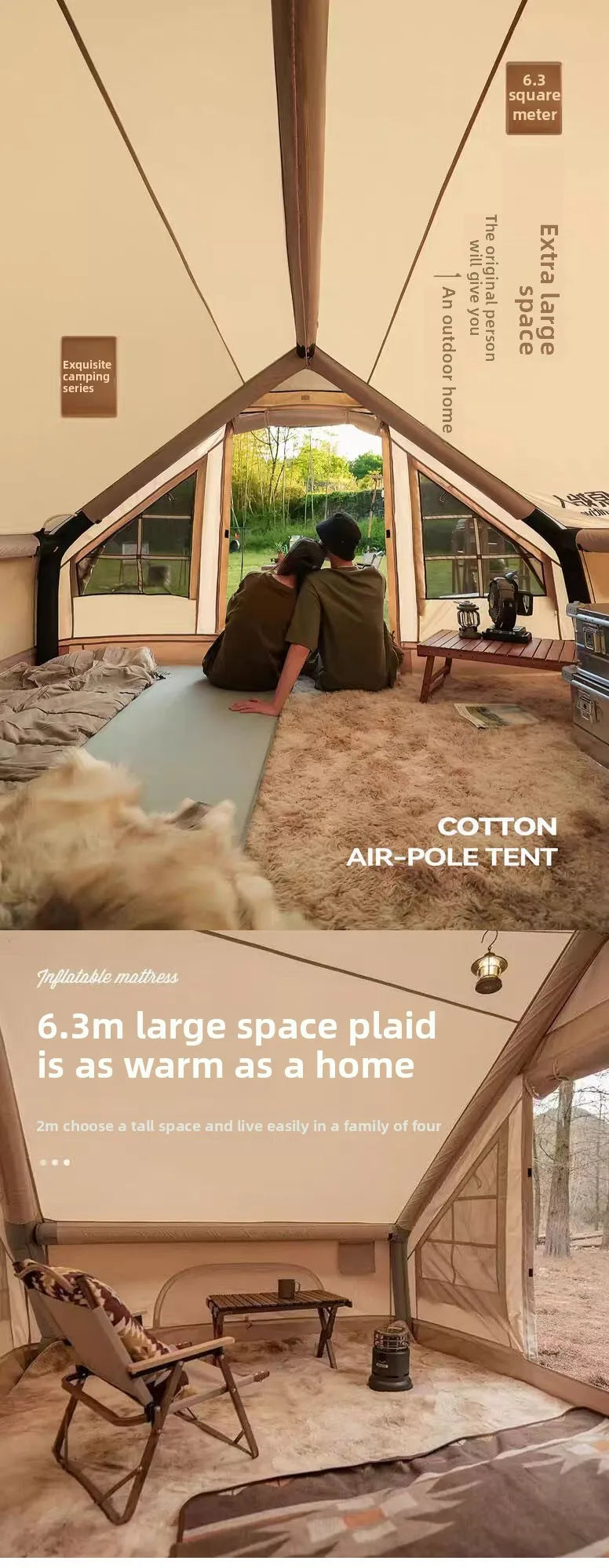 Inflatable tent camping for 1-6 people, hand pump inflation tent, w/skylight and chimney waterproof