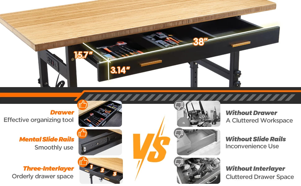 Workbench with Drawer, Power Outlet, Wheels, 59×23.6" Heavy Duty Adjustable Work Table