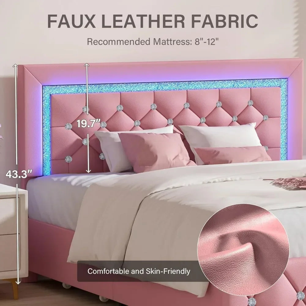 Full Size Bed Frame/LED/Drawers, Princess Platform Bed/Diamond Headboard and Footboard, Upholstered