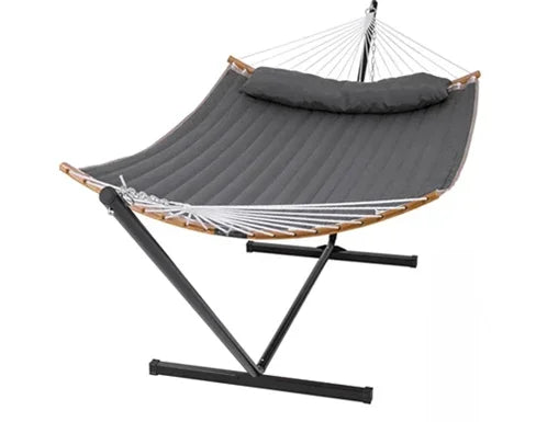 Double Outdoor Hammock with Stand, Two Person Cotton Rope Hammock with Polyester Pad, Dark Gray