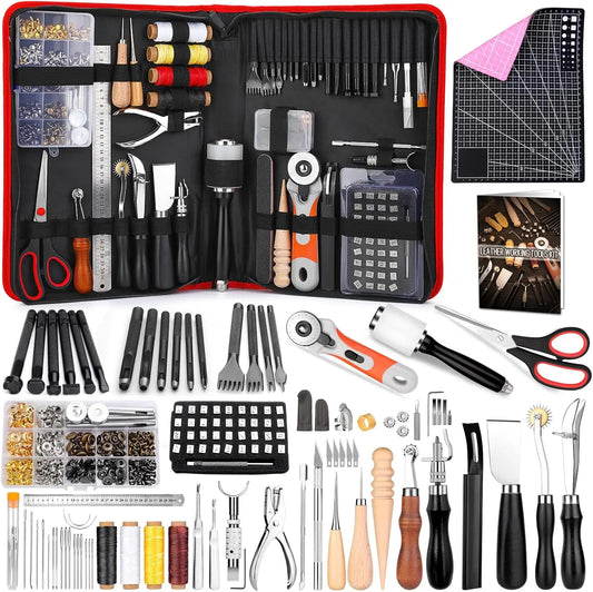 415 PCS Leather Crafting Kit with Punching, Sewing, Stamping Tools for Professional and Beginner Use