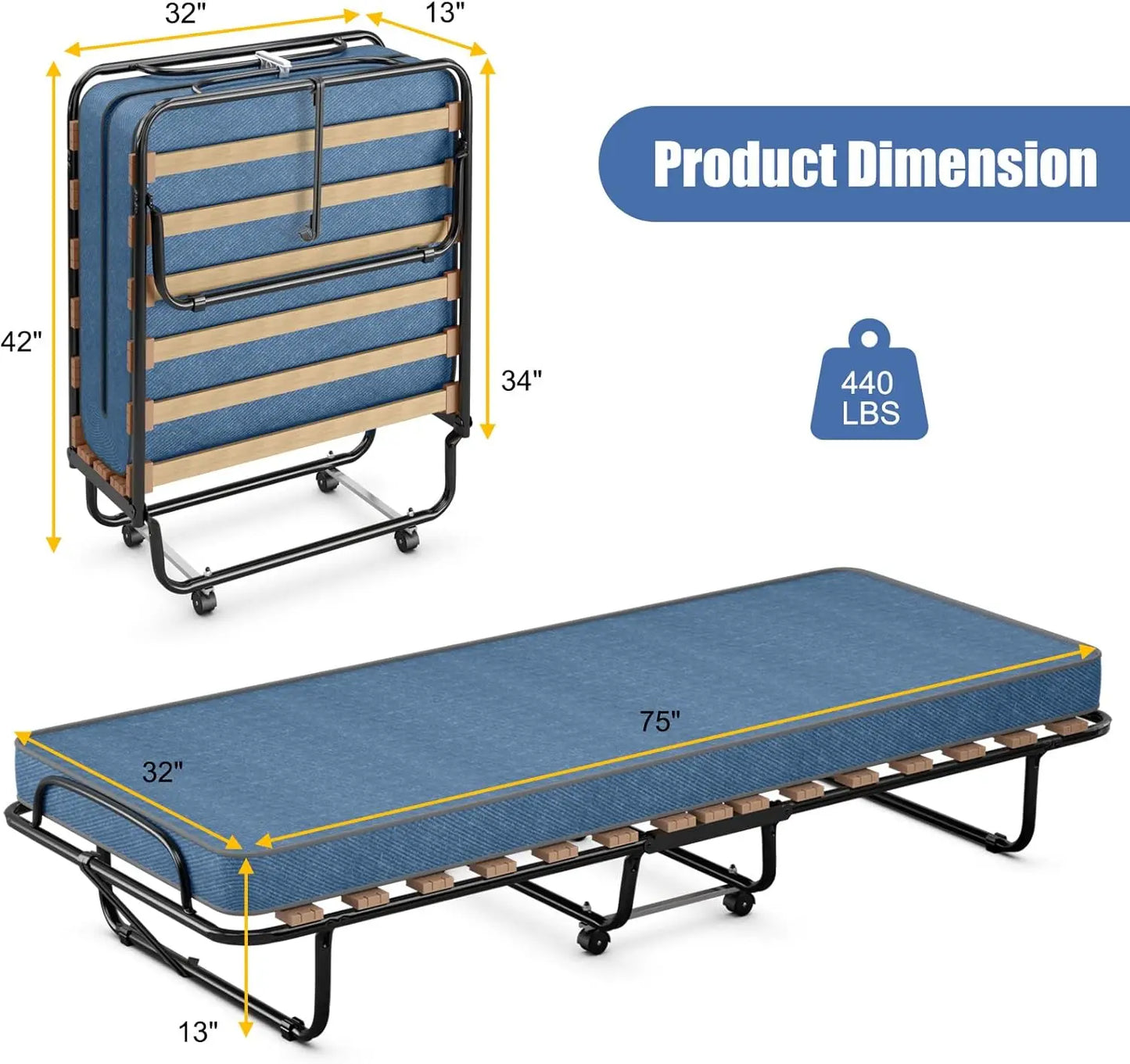 Folding Bed with Mattress for Adults, Rollaway Guest Beds w/Memory Foam Mattress & Metal Frame,