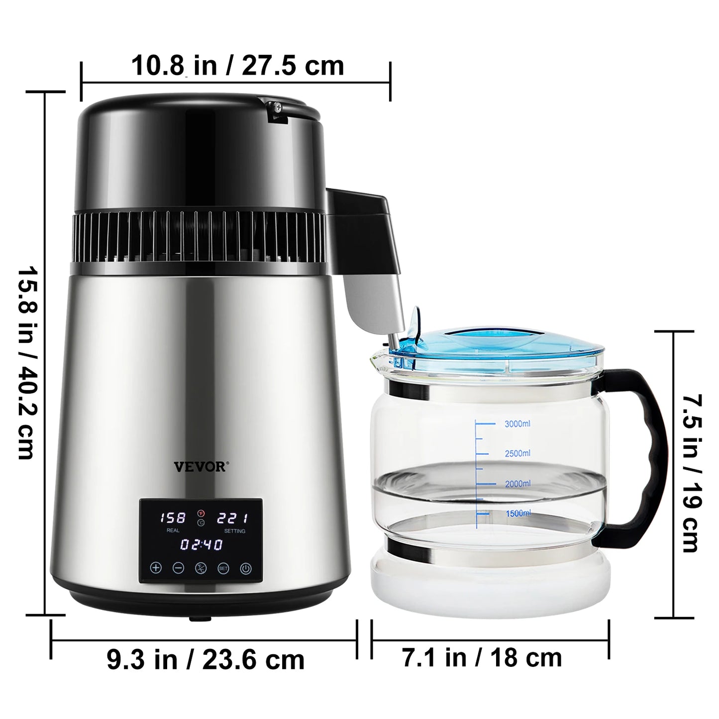 SucceBuy 1.5L/H Distilling Speed 4L Water Distiller Purifier Filter Touch Screen 304 Stainless