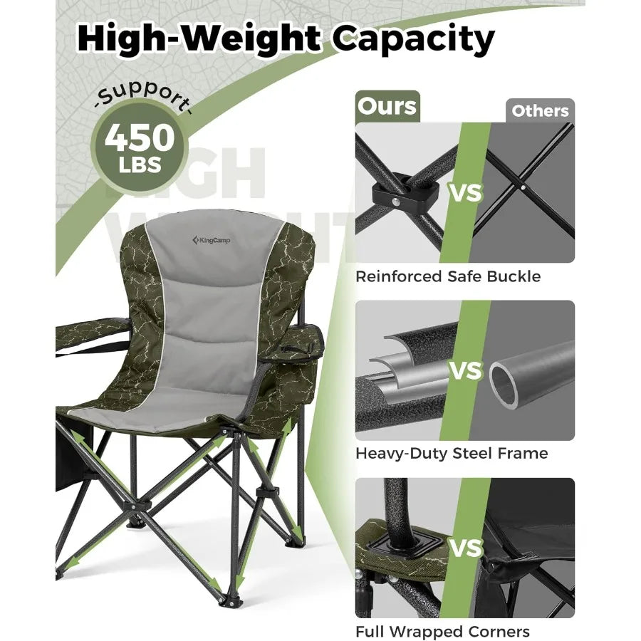 KING CAMP Oversized Folding Chair Heavy Duty 450 LBS w/Lumbar Padded Seat Cup Holder/Cooler Bag