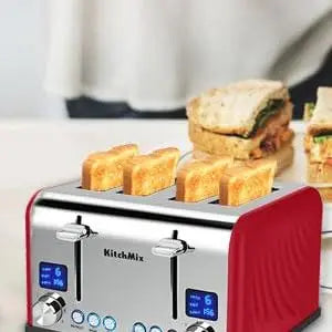 4 Slice, Kitch Mix Stainless Toaster w/ LCD Timer, Extra Wide Slots, Dual Screen, Removal Tray (Red)