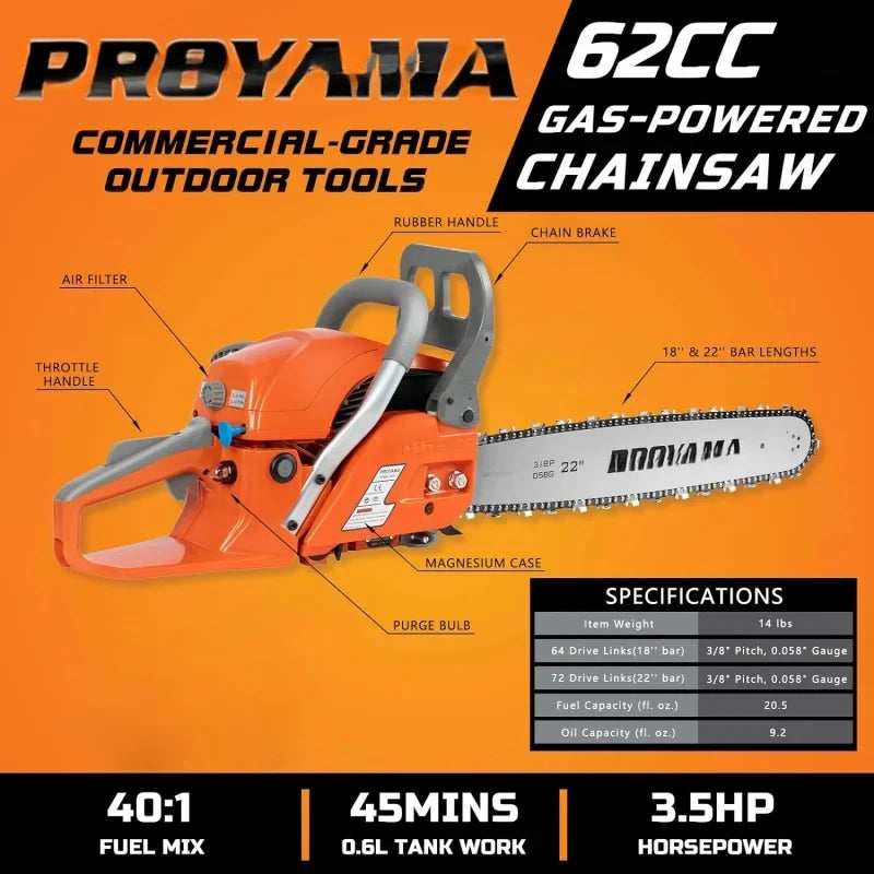 PPROYAMA 62CC 2-Cycle Gas Powered Chainsaw, 22 Inch 18 Inch Handheld Cordless Petrol Chain Saw