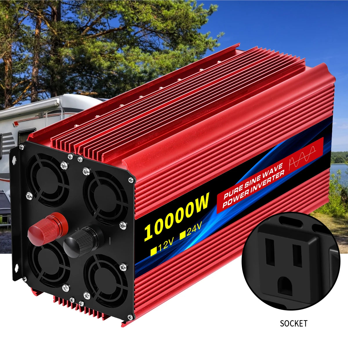 Power Inverter 10000W DC12V to AC110V 60HZ Pure Sine Wave Inverter w/LCD Display Remote 4AC Outlets