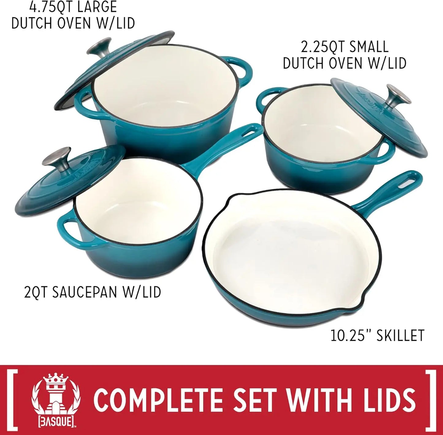 NEW Enameled Cast Iron Cookware Set, 7-Piece Set (Biscay Blue), Nonstick, Oversized Handles