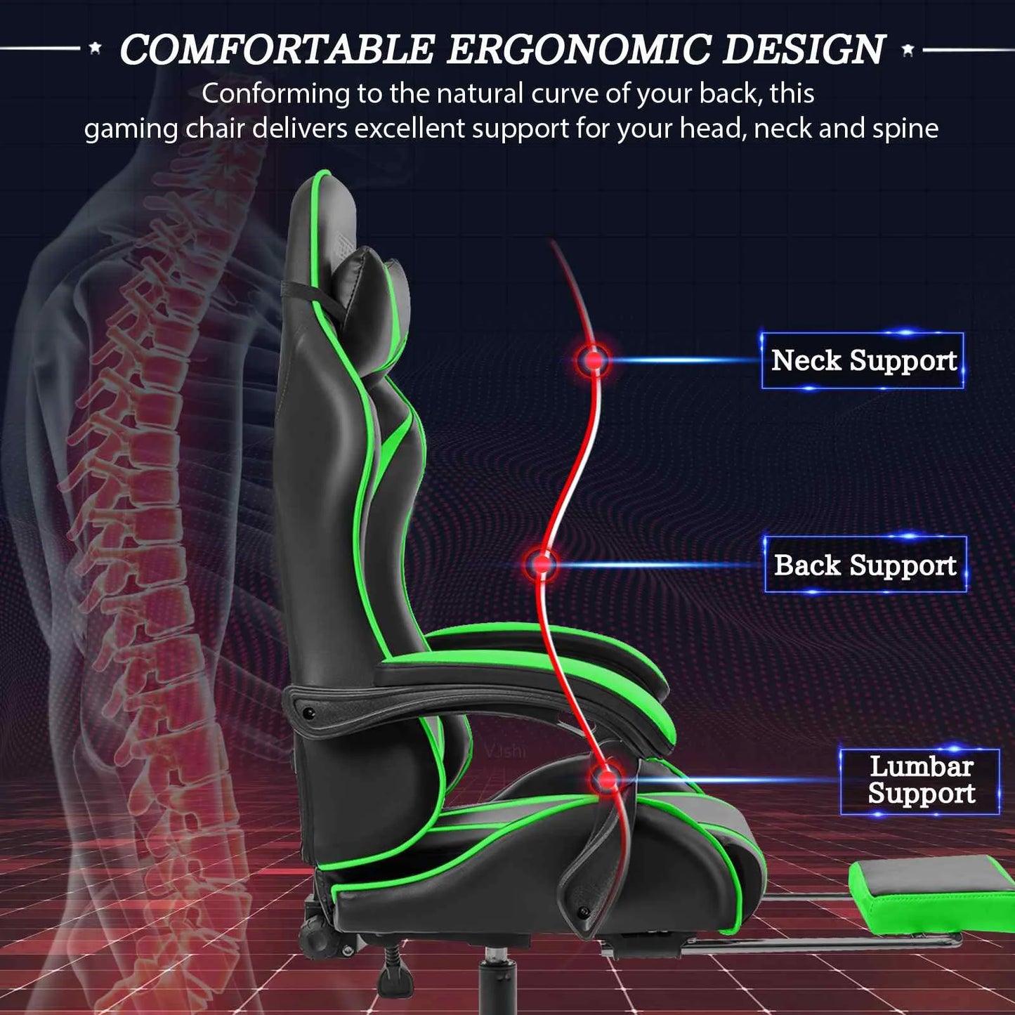 Gaming Chair w/Footrest Computer Desk Chairs Ergonomic Massage Lumbar Cushion Support High Back