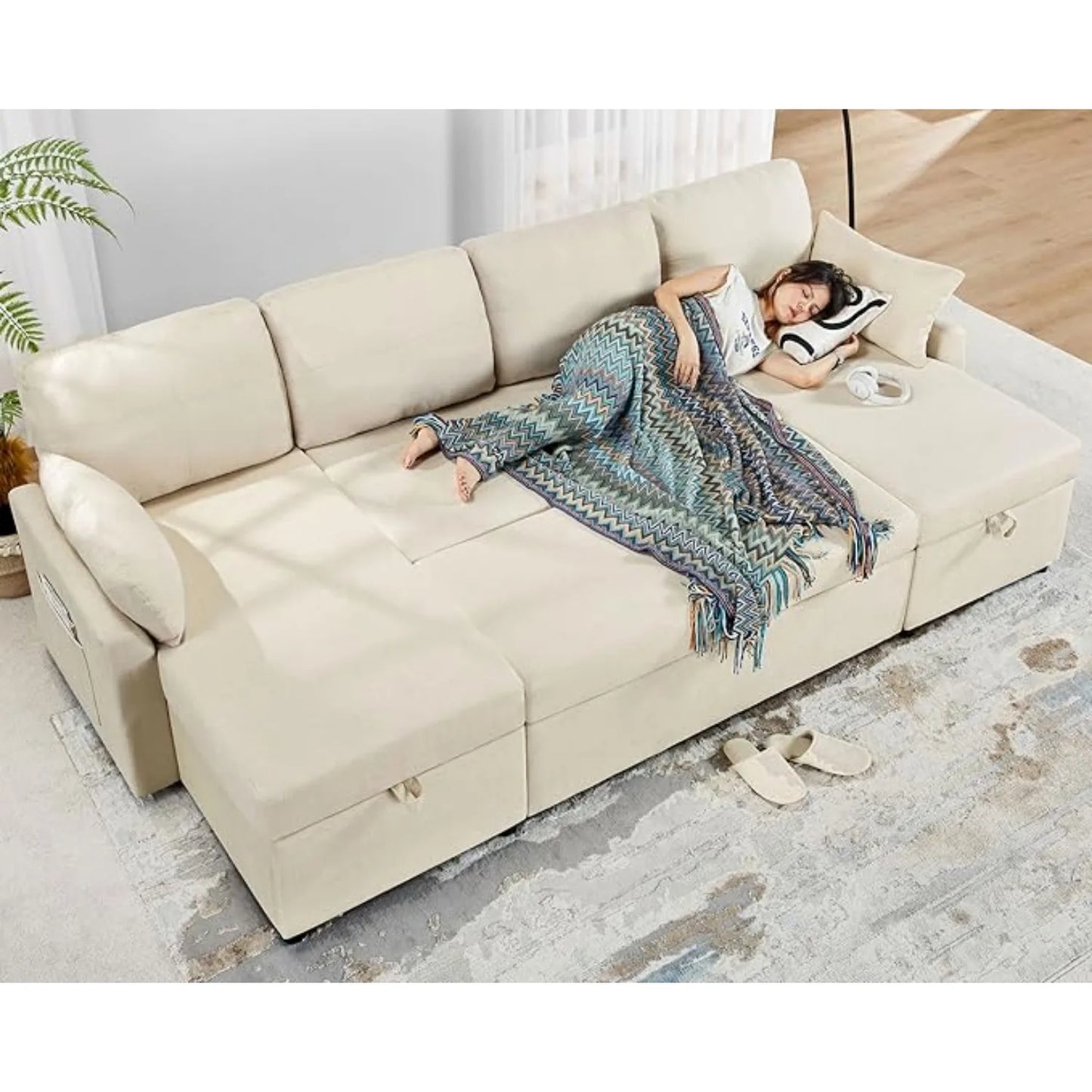 Sleeper Sofa, 110 in Oversize - 2 in 1 Pull Out Bed, Sectional Sleeper Sofa w/ Double Storage