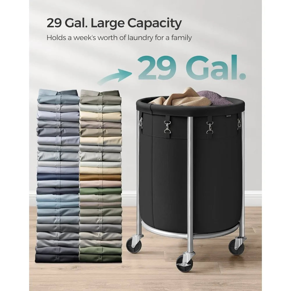 SONGMICS Laundry Basket with Wheels, Rolling Laundry Hamper, 29 Gal w/ Steel Frame and Removable Bag