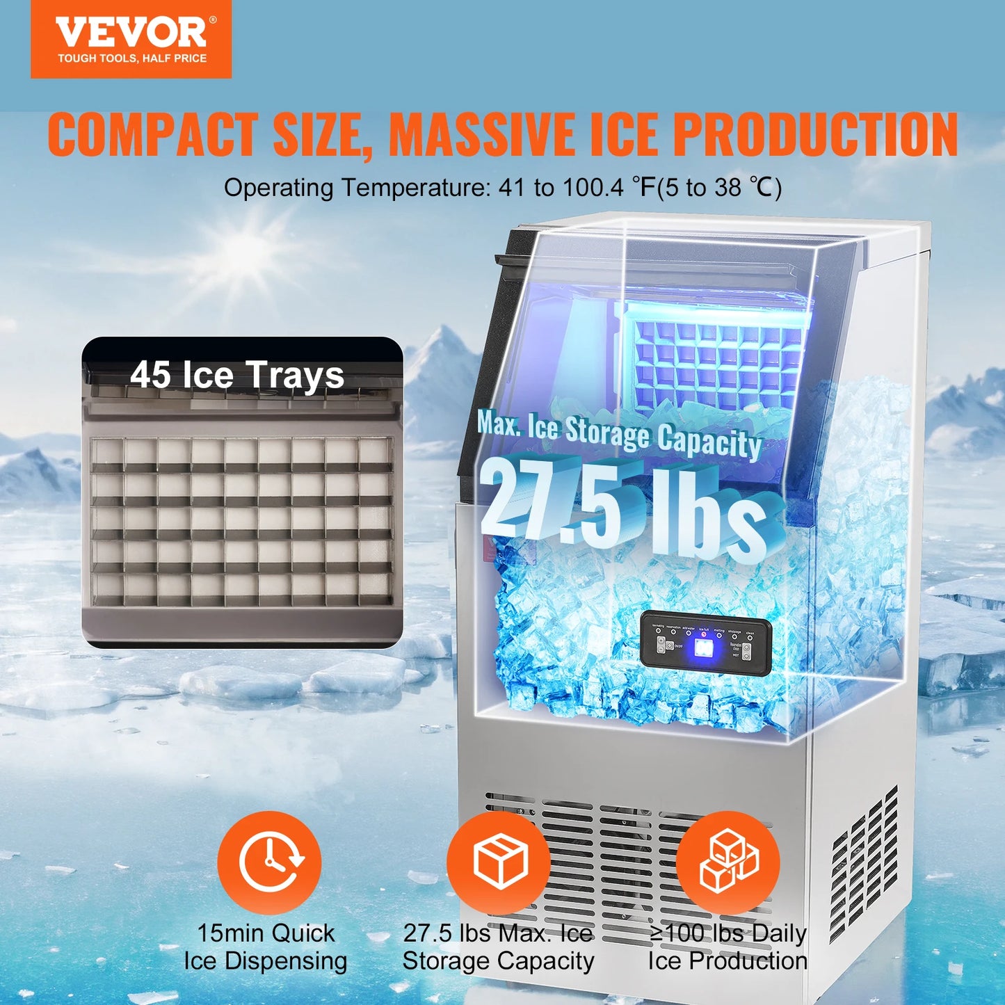 VEVOR Commercial Ice Maker 100 lbs/24H Ice Maker Machine 45 Ice Cubes in 12-15 Minutes Freestanding