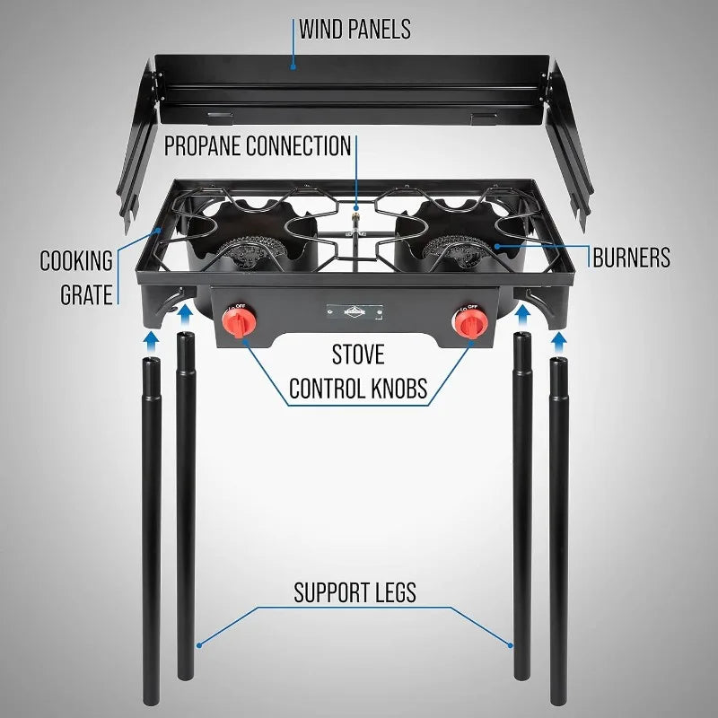 Cast Iron Double-Burner Outdoor Gas Stove 150,000 BTU Portable Propane Cooktop w/Blue Flame Control