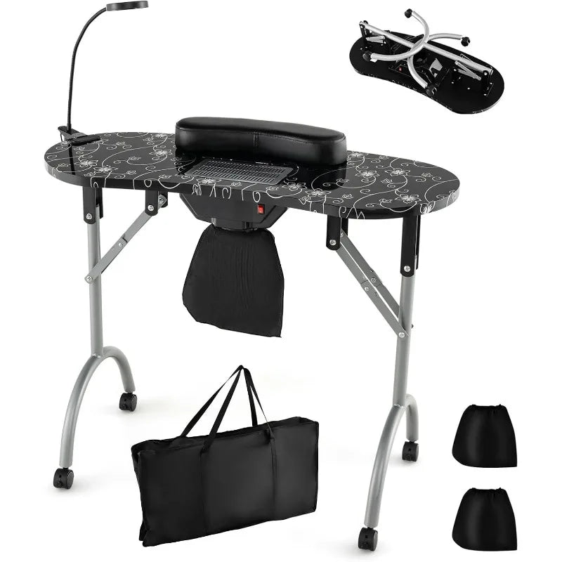 Portable Nail Table, Foldable Nail Technician Desk w/Electric Dust Collector, Bendable LED Lamp