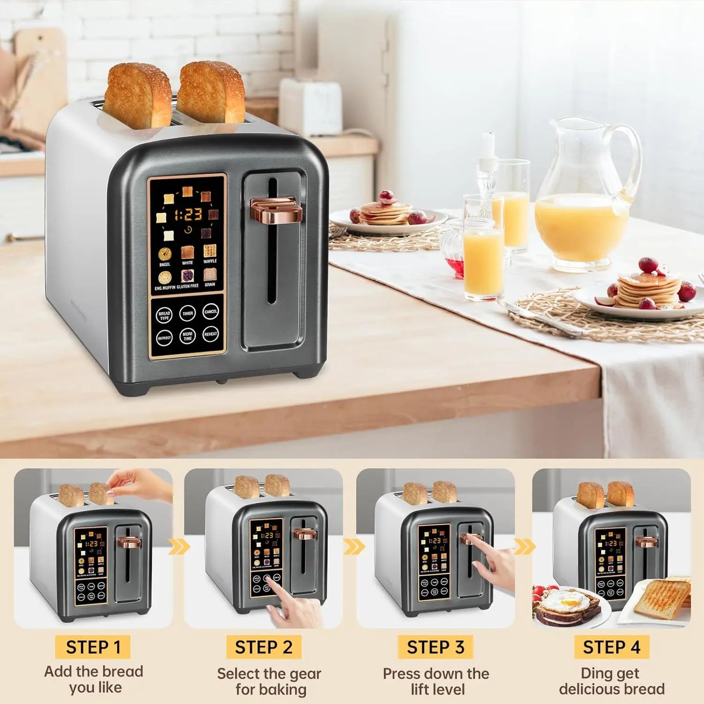 SEEDEEM Toaster 2 Slice, Stainless Toaster LCD Display & Touch Buttons, 50% Faster Heating Speed