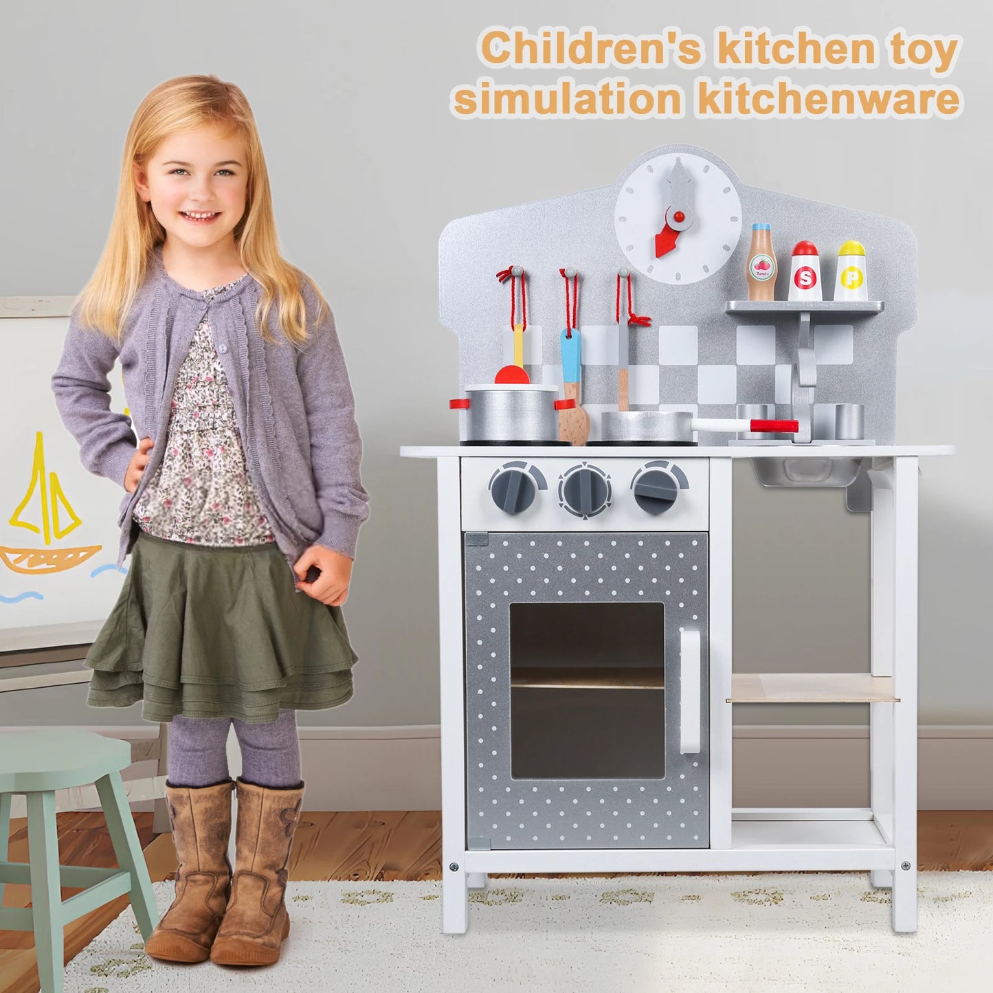 Kids Kitchen Play Set, Wooden Kitchen Playset w/Sink Oven, Toddler Cooking Set Pretend/Age 18 Month+
