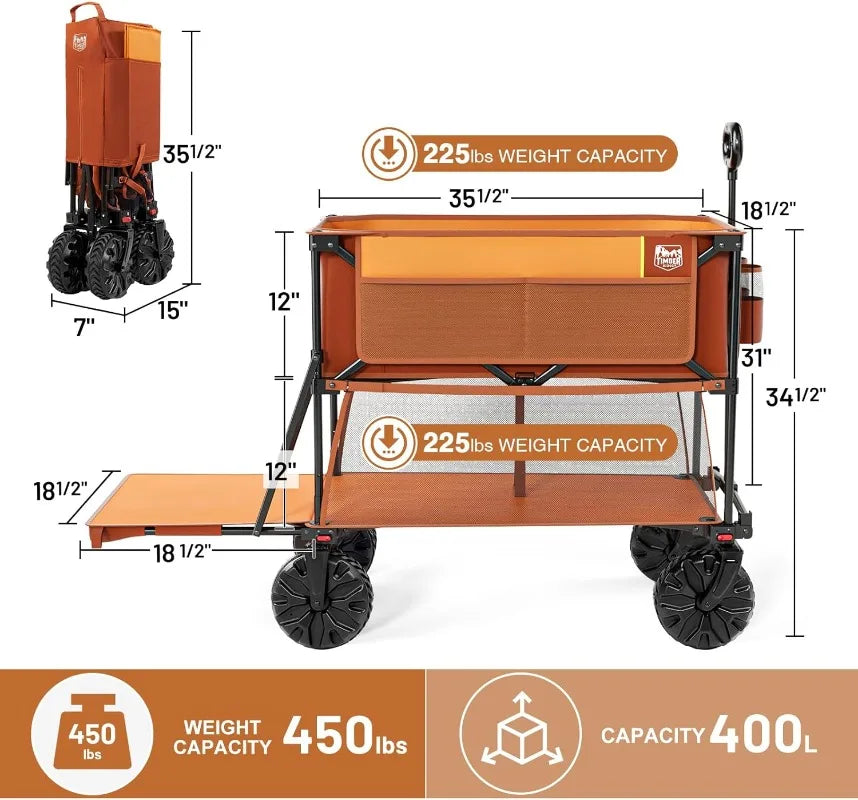 TIMBER RIDGE 400L Folding Double Decker, 54" Extra Long Extender Wagon Cart, 450lbs Heavy Duty