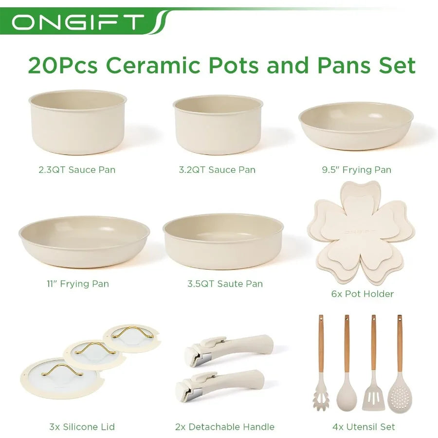 20pcs Ceramic Cookware Set Nonstick Detachable Handle Pots and Pans Set RV Kitchen Set
