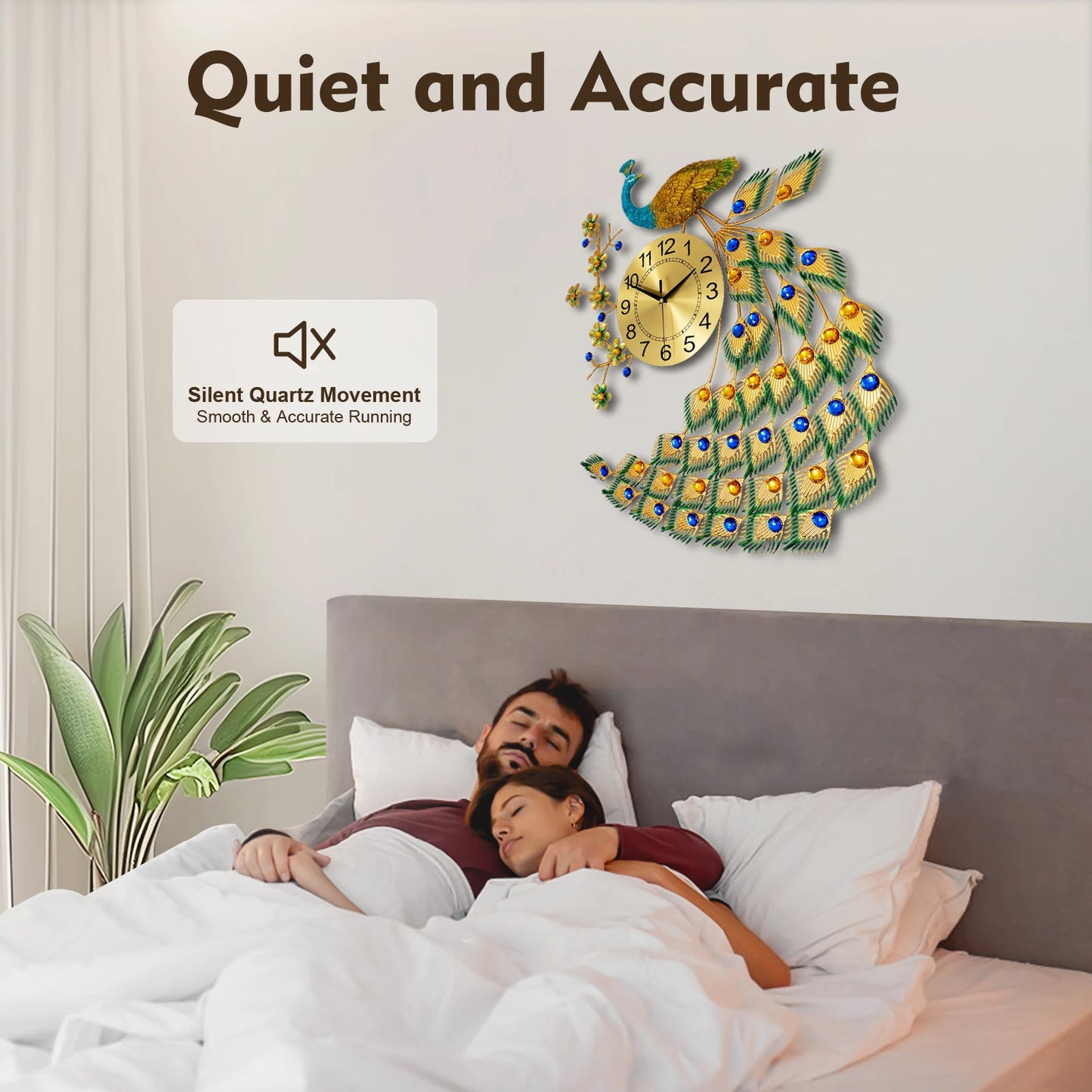 Peacock Wall Clock, Modern Gold & Blue Design, 65*75cm Size, Wall-Mounted Analog Clock with Numbers