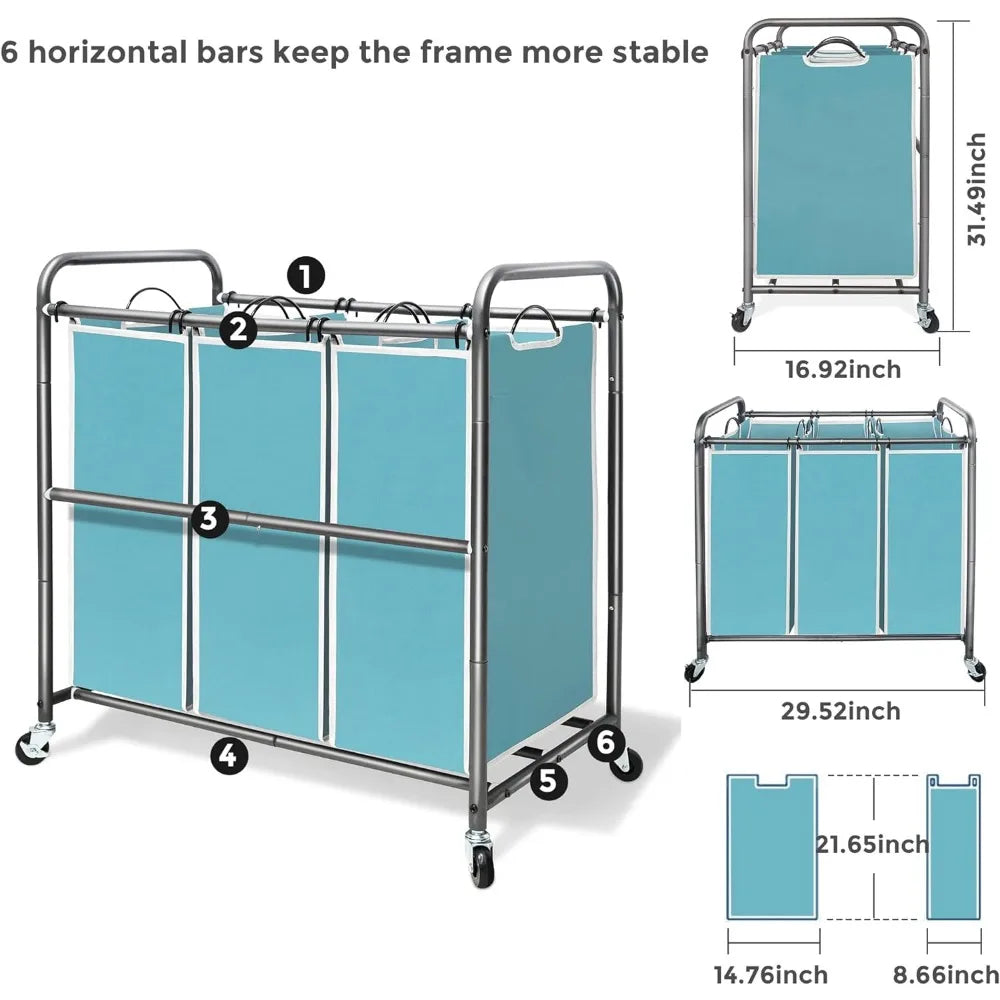 STORAGEMANIAC 3 Section Laundry Sorter, 3 Bag Laundry Hamper Cart w/Heavy Duty Rolling Wheels