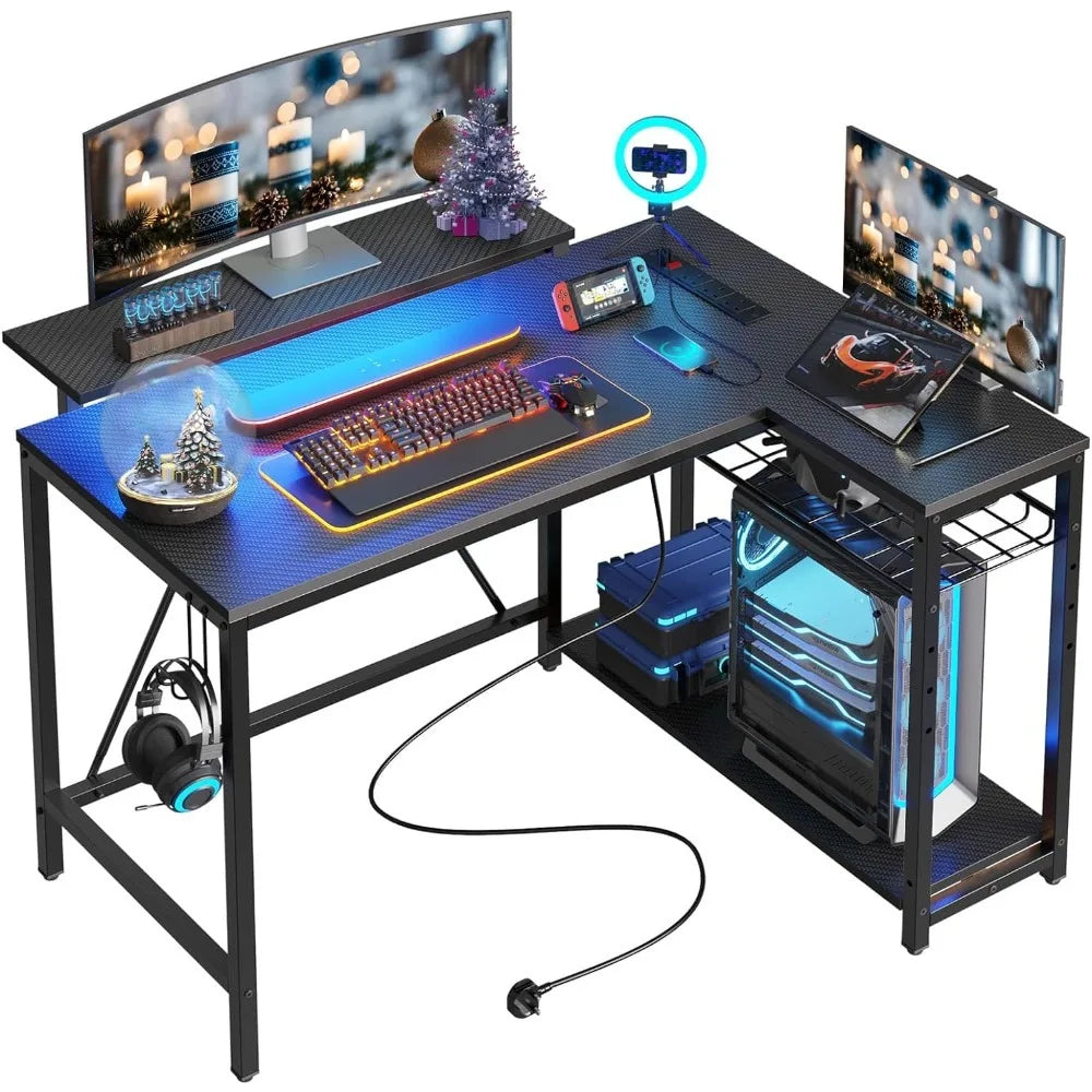 Bestier Small Gaming Desk w/Power Outlets,42 L Shaped LED Computer Desk w/Stand Reversible Shelves