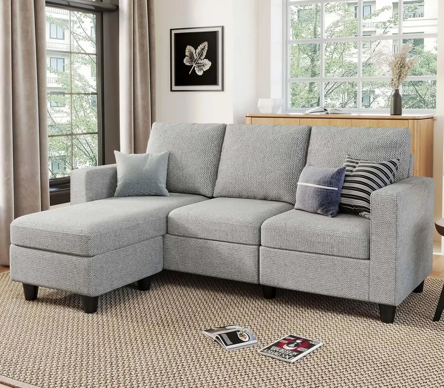 Convertible Sectional Sofa with Linen Fabric, Modern Couch with Reversible Chaise for Living Room and Small Space