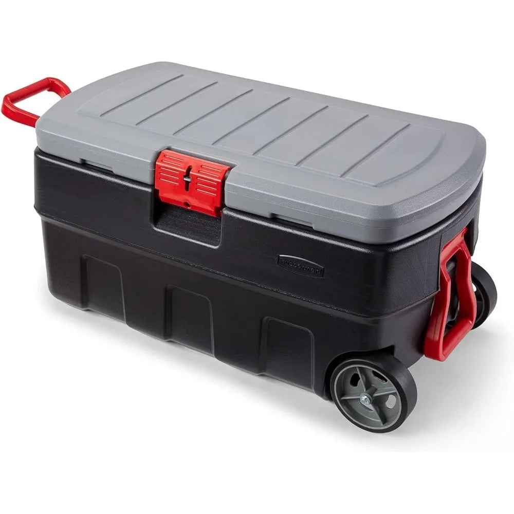 RUBBERMAID Gray&Black,ActionPacker 35 Gallon,Lockable Plastic Storage Bin w/Lid and Wheels-Rugged