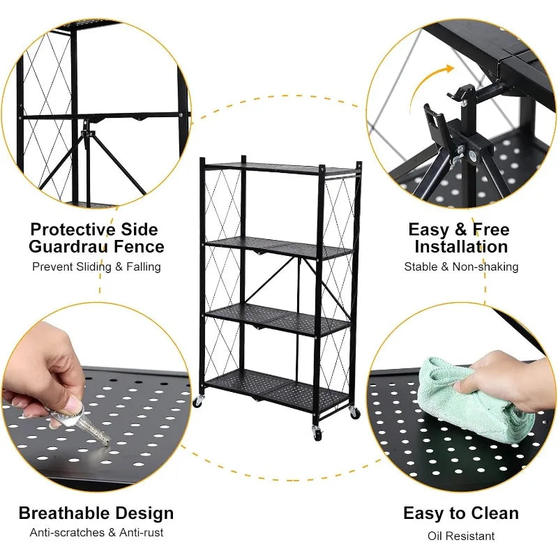 5-Tier Heavy Duty Foldable Metal Rack Storage Shelving Unit with Wheels Moving Easily Organizer