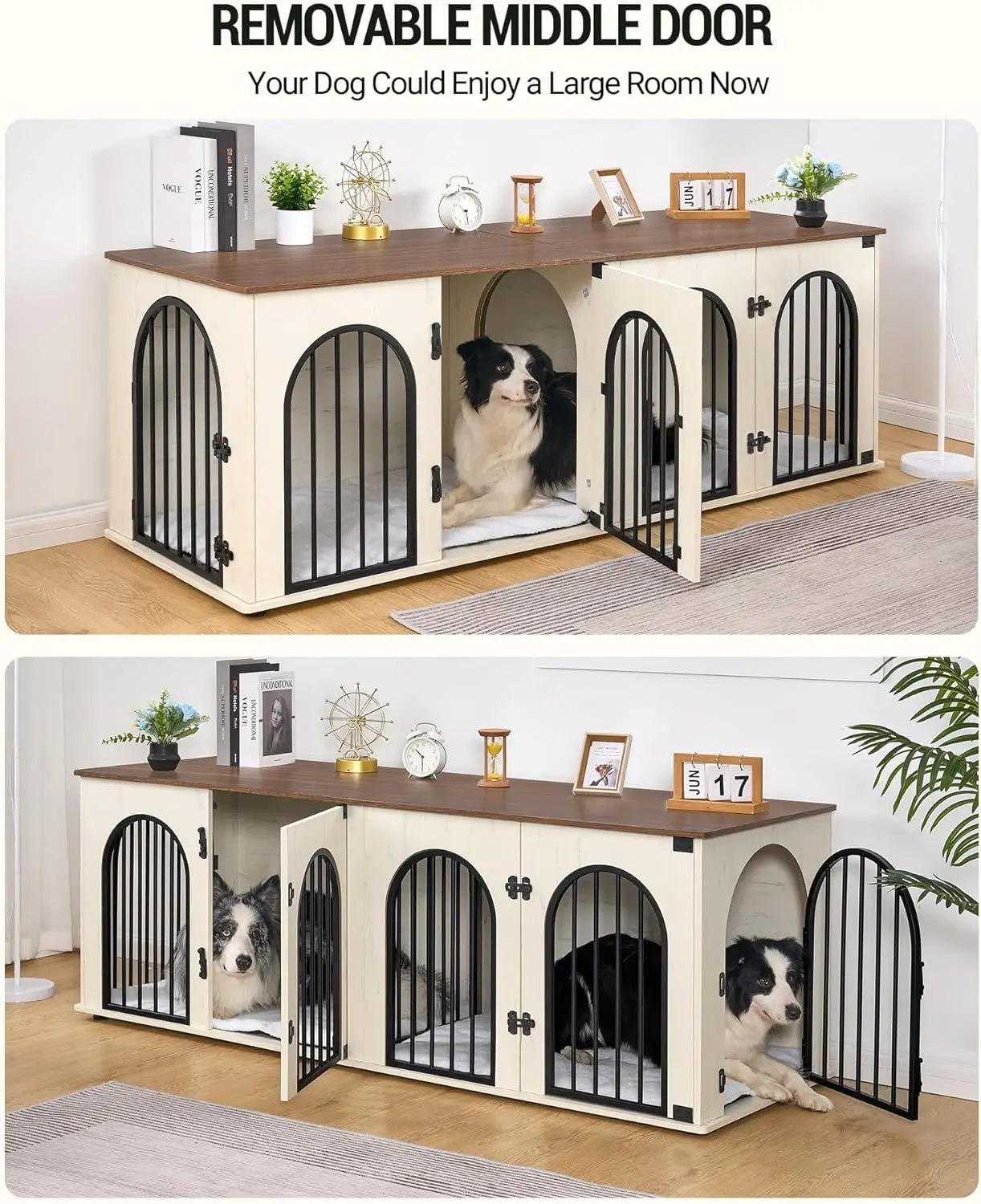 Wooden Dog Crate Furniture for 2 Dogs, 71" Heavy Duty with Divider, Pads, Side Table,