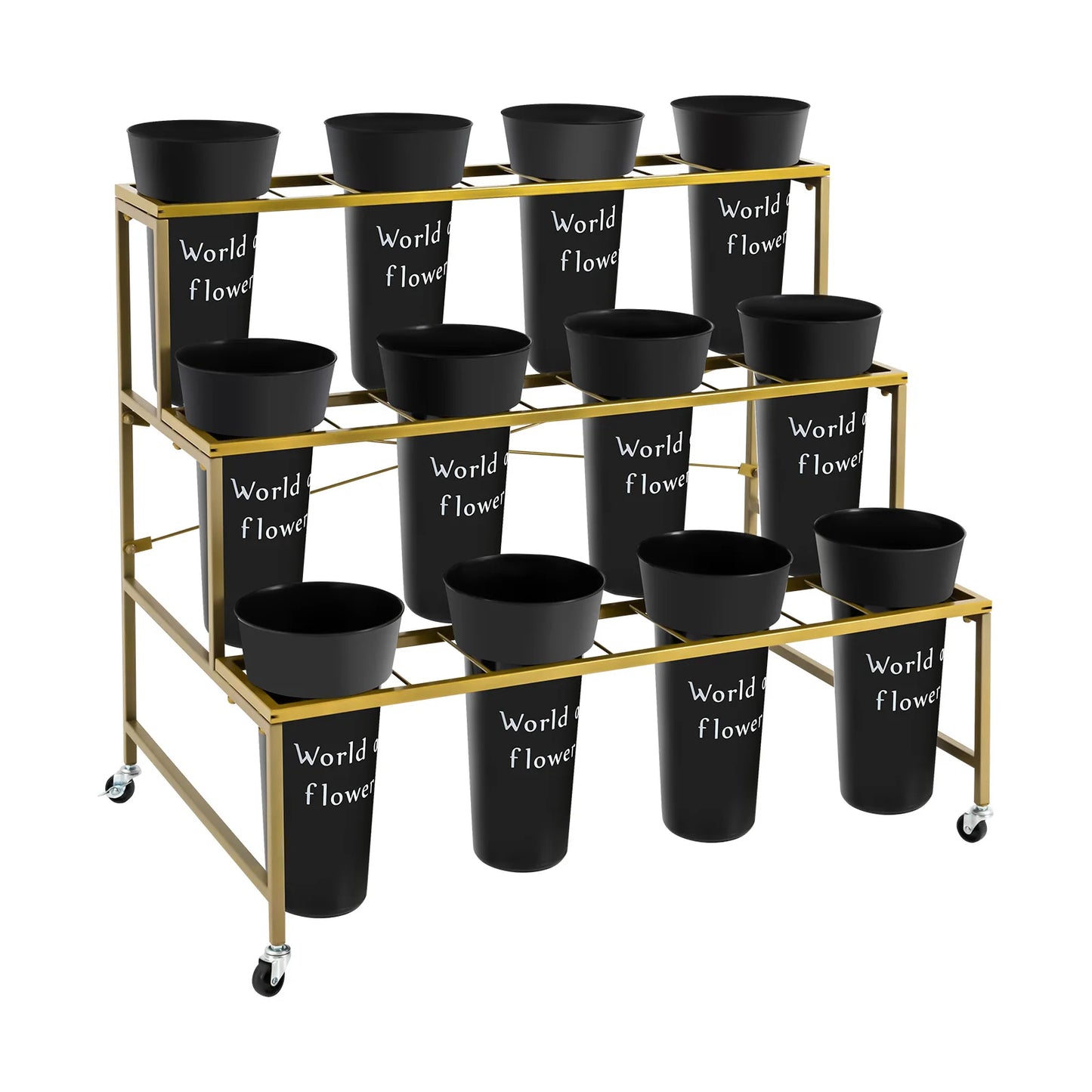 3 Layers Flower Display Stand with 12PCS Black Buckets,Metal Moving Plant Stand w/Wheels Display