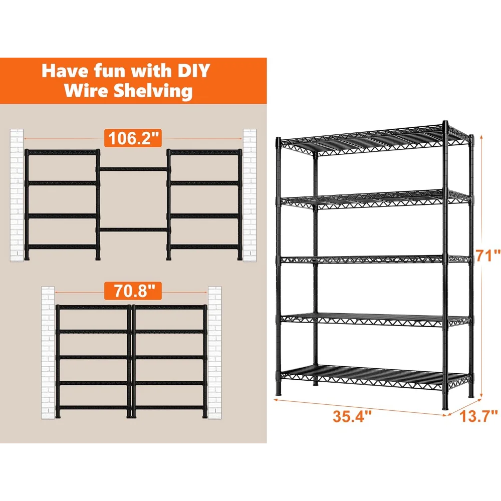 5-Shelving Wire Rack Storage Metal Shelf 35.4W Adjustable Garage Shelving Heavy Duty Storage