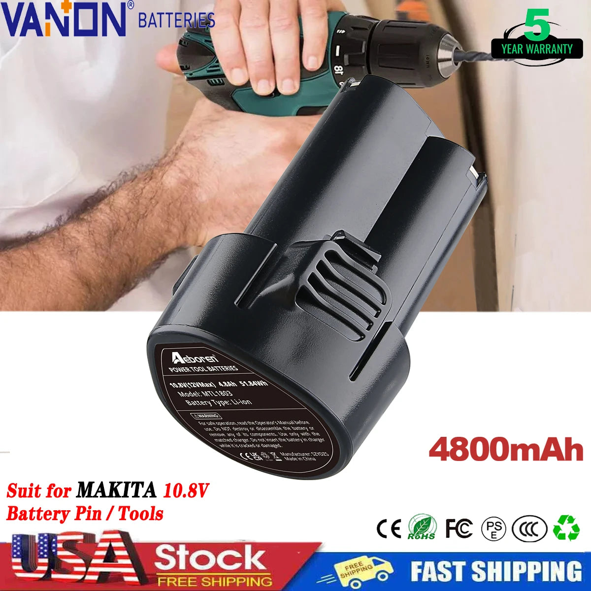VANON 1/2/4 Pack 4.8Ah Li-ion BL1013 Makita Battery BL1014 194550-6 194551-4 195332-9