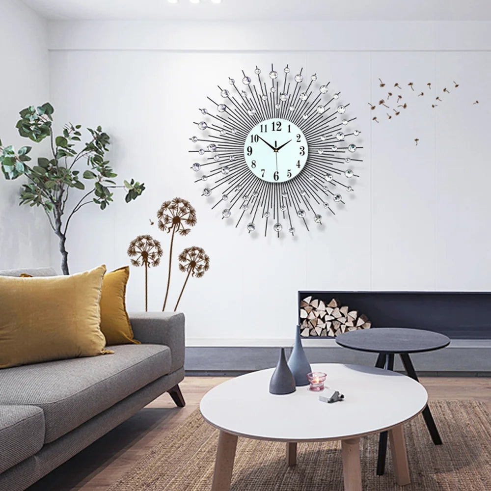 3D Large Metal Sunburst Wall Clock, Luxury Round Diamond Design, Battery Operated,Silent Non-Ticking