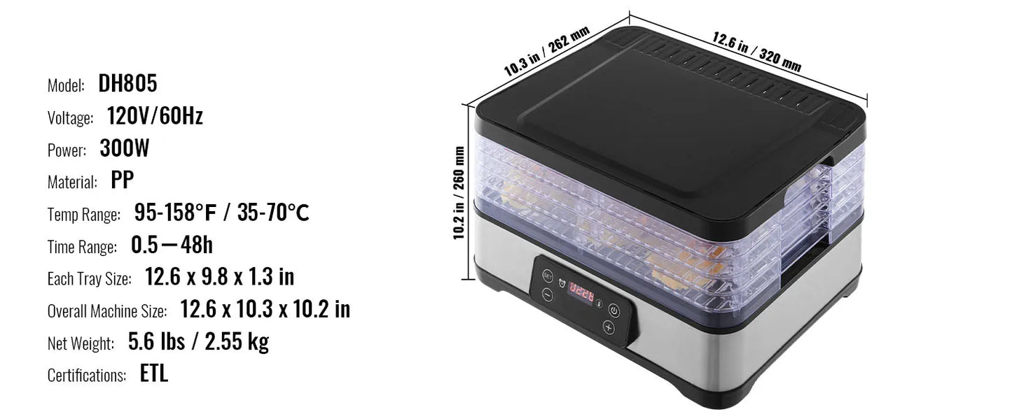 SucceBuy 5 Tray Food Dehydrator Machine 300W Stainless Steel Electric Food Dryer/Digital Adjustable