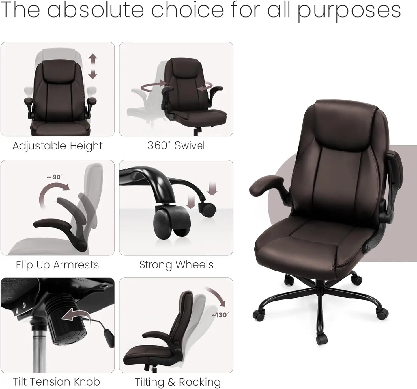 NEO CHAIR PU Leather Executive Padded Flip Up Armrest Computer Chair Adjustable Height High Back