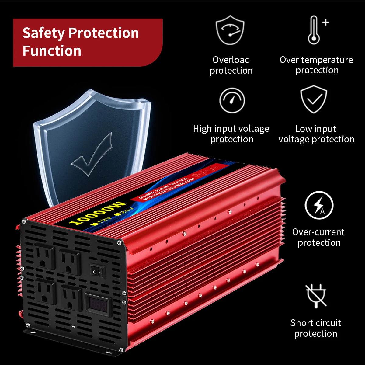 Power Inverter 10000W DC12V to AC110V 60HZ Pure Sine Wave Inverter w/LCD Display Remote 4AC Outlets