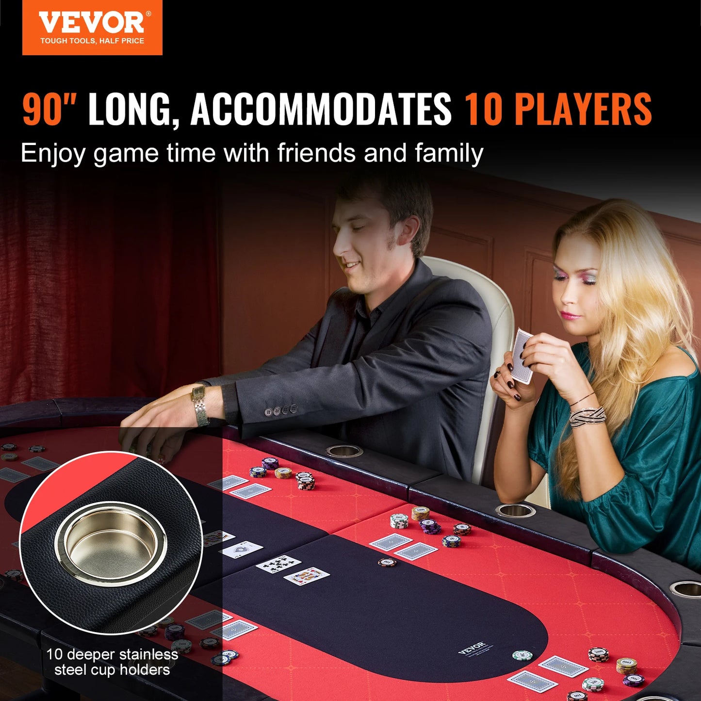 VEVOR 90/84" 10 Player Poker Table Blackjack Texas Holdem Padded Rails Stainless Steel Cup Holders